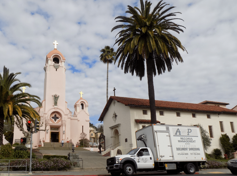 A and P Records Management Truck in Front of A Church in San Rafael