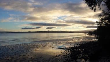 A sunrise in Corte Madera, California that looks out to the Richmond San Rafael Bridge and the East Bay in San Francisco Bay.